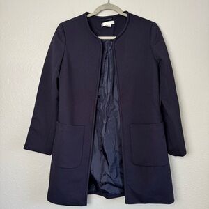 H&M navy blue waffle long coat blazer pocket open front 6